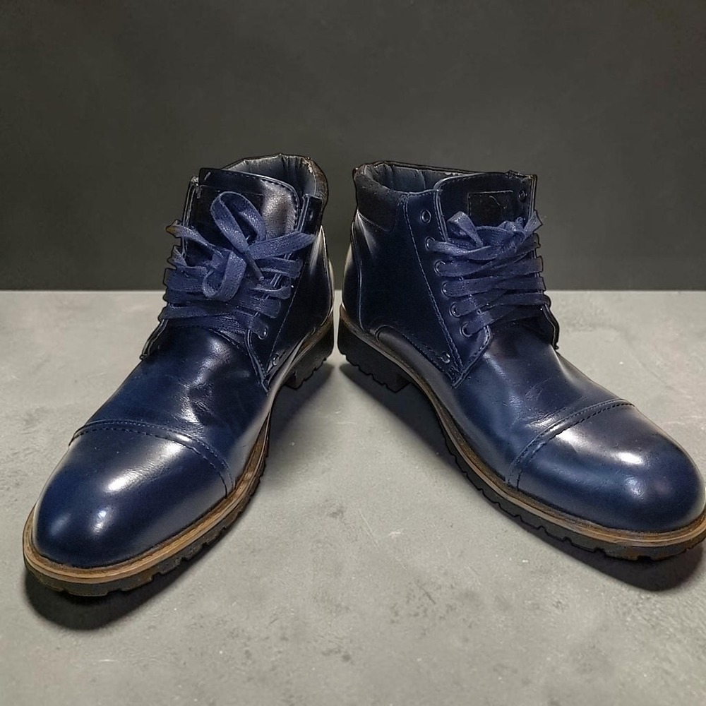 Mens Navy Blue Faux Leather Cap Toe Boots Size 11 Lug Sole Laced